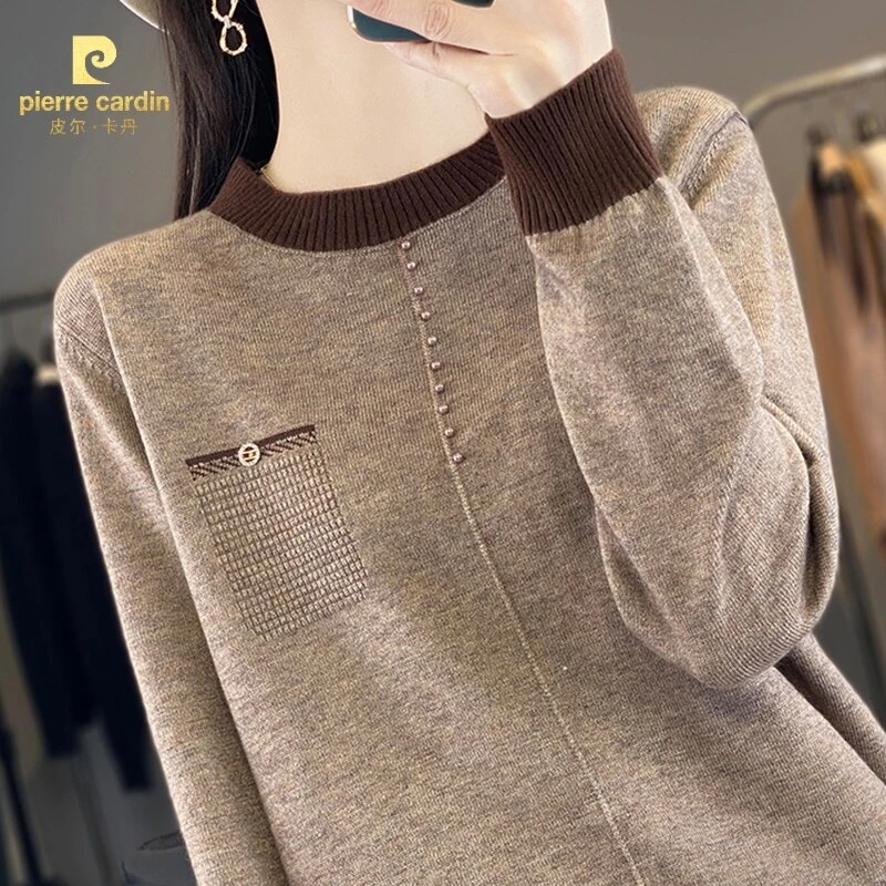 皮尔卡丹秋冬女士流行时尚针织衫长袖洋气百搭宽松圆领拼色设计感