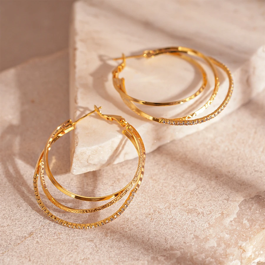 铜合金合成锆石耳饰 【三层耳圈】高级感轻奢大耳圈设计感金色耳环