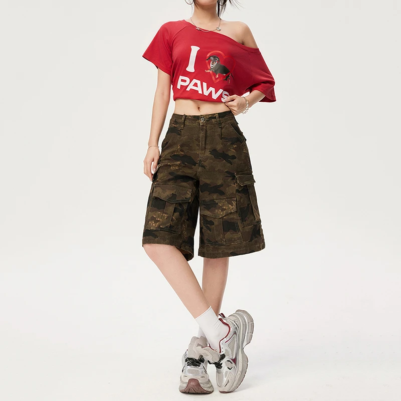 2025秋季美式复古迷彩宽松阔腿裤五分裤百搭小众口袋工装裤牛仔裤