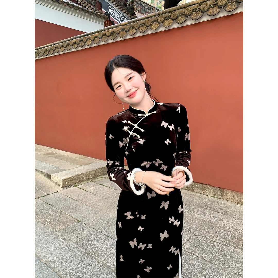 火火火【冬日蝶序】新中式蝴蝶盘扣拼接温柔风连衣裙L38366HH53