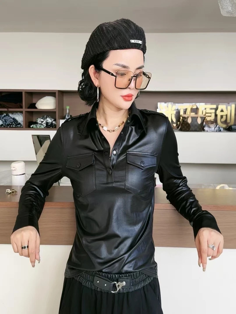 迷巧时髦新款翻领修身型不起球POLO领衬衫百搭打底短款修身长袖
