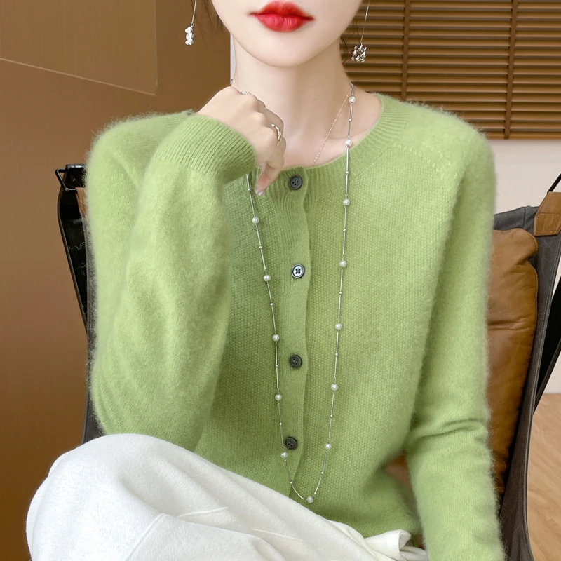 100%纯羊毛开衫女圆领纯色宽松外套时尚百搭长袖针织衫春秋短款