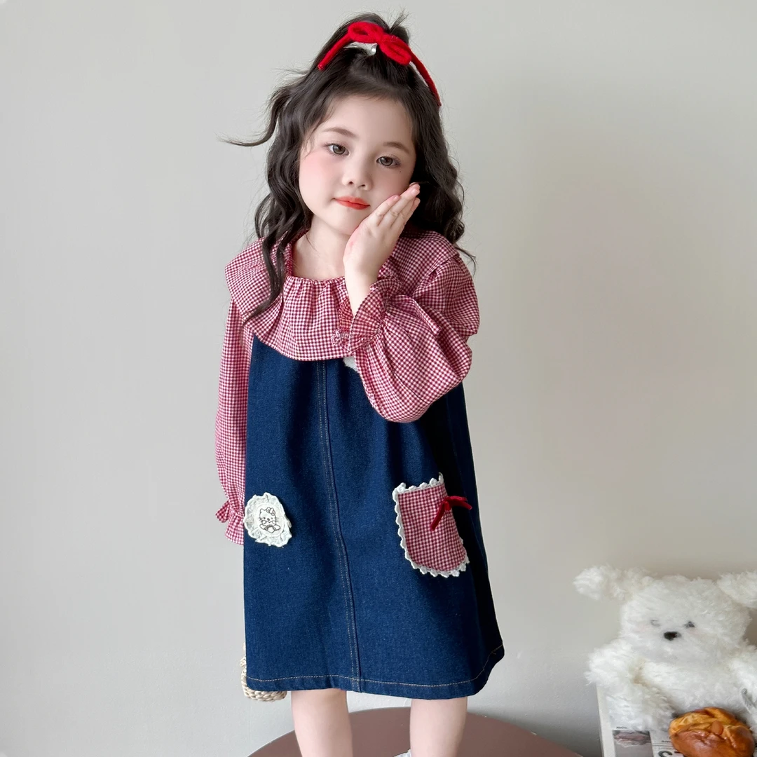 女童秋季牛仔背心裙套装洋气儿童时髦小女孩春秋格子娃娃衫两件套
