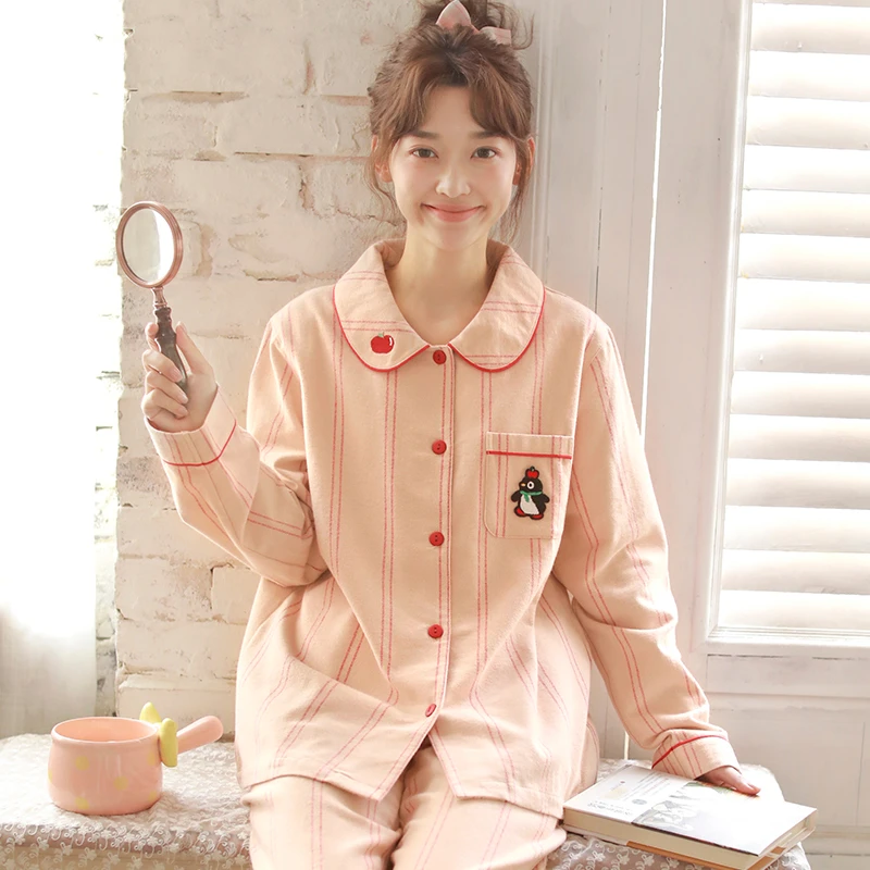 秋冬纯棉女士睡衣简约宽松磨毛绒布长袖长裤家居服套装258588