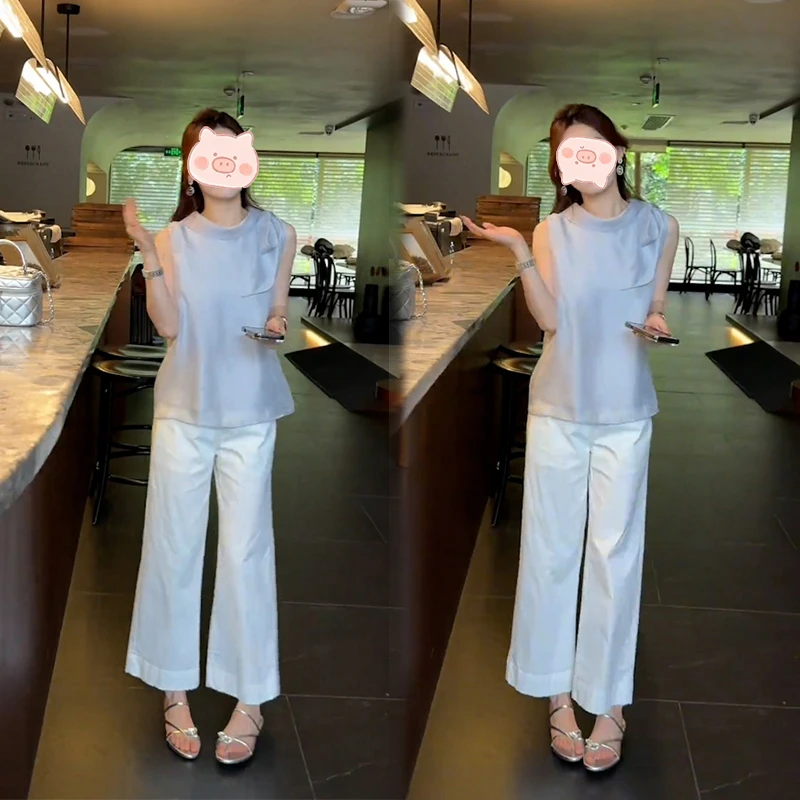 2025年夏季韩系新款爆款短袖蓝色无袖纯欲气质上衣大方得体两件套