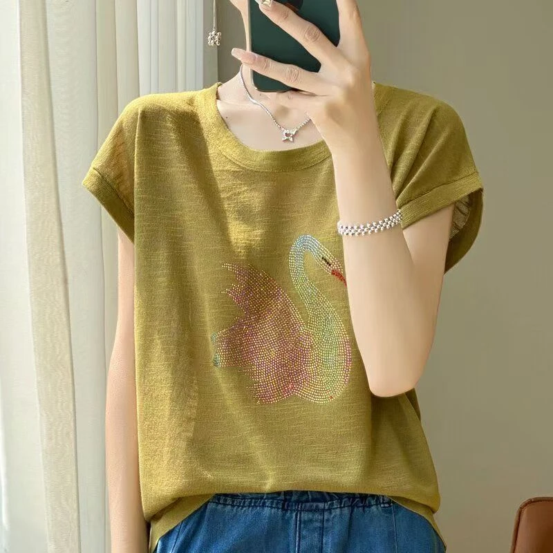 春夏新款天鹅重工烫钻竹节麻圆领宽松时尚版大码显瘦
