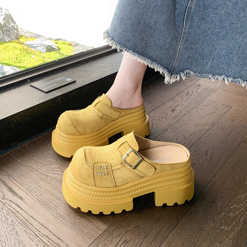 真皮厚底勃肯拖鞋女2025春夏新款增高显脚小松糕跟外穿懒人鞋半拖