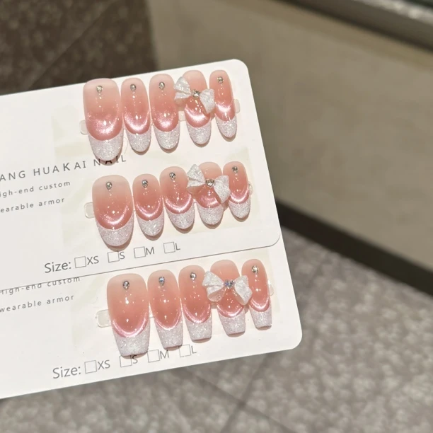 【莉莉安#】气质钻石砂糖甜美可爱俏皮蝴蝶结爆闪十片纯手工穿戴甲