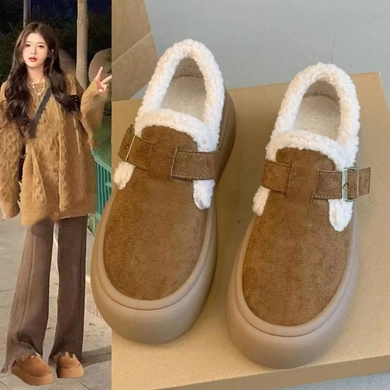 厚底博肯鞋女2025秋冬新款加绒保暖全包雪地棉鞋一脚蹬乐福毛毛鞋