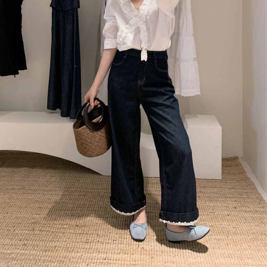 漫姐的店现货【一步浪漫】25年复古蕾丝花边拼接春夏九分牛仔裤