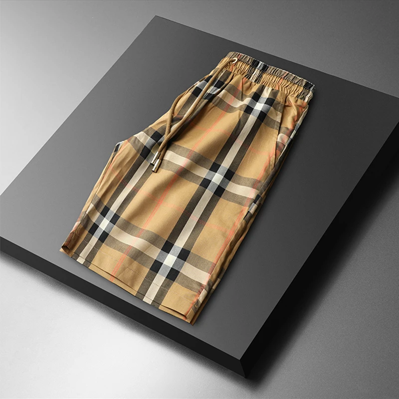 约文库费高端时尚春夏季男款休闲短裤轻奢高档格子印花五分沙滩裤