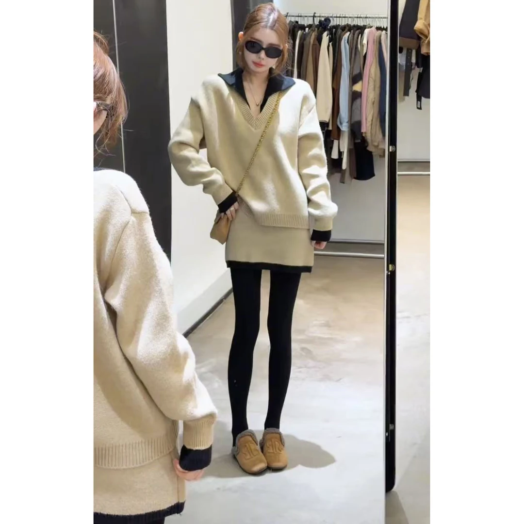 辣妹风纯欲穿搭一整套2025气质假两件宽松针织衫百搭半身裙两件套