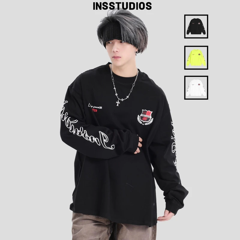 INSstudios国潮情侣美式复古徽章印花LOGO长袖春季纯棉打底T恤男