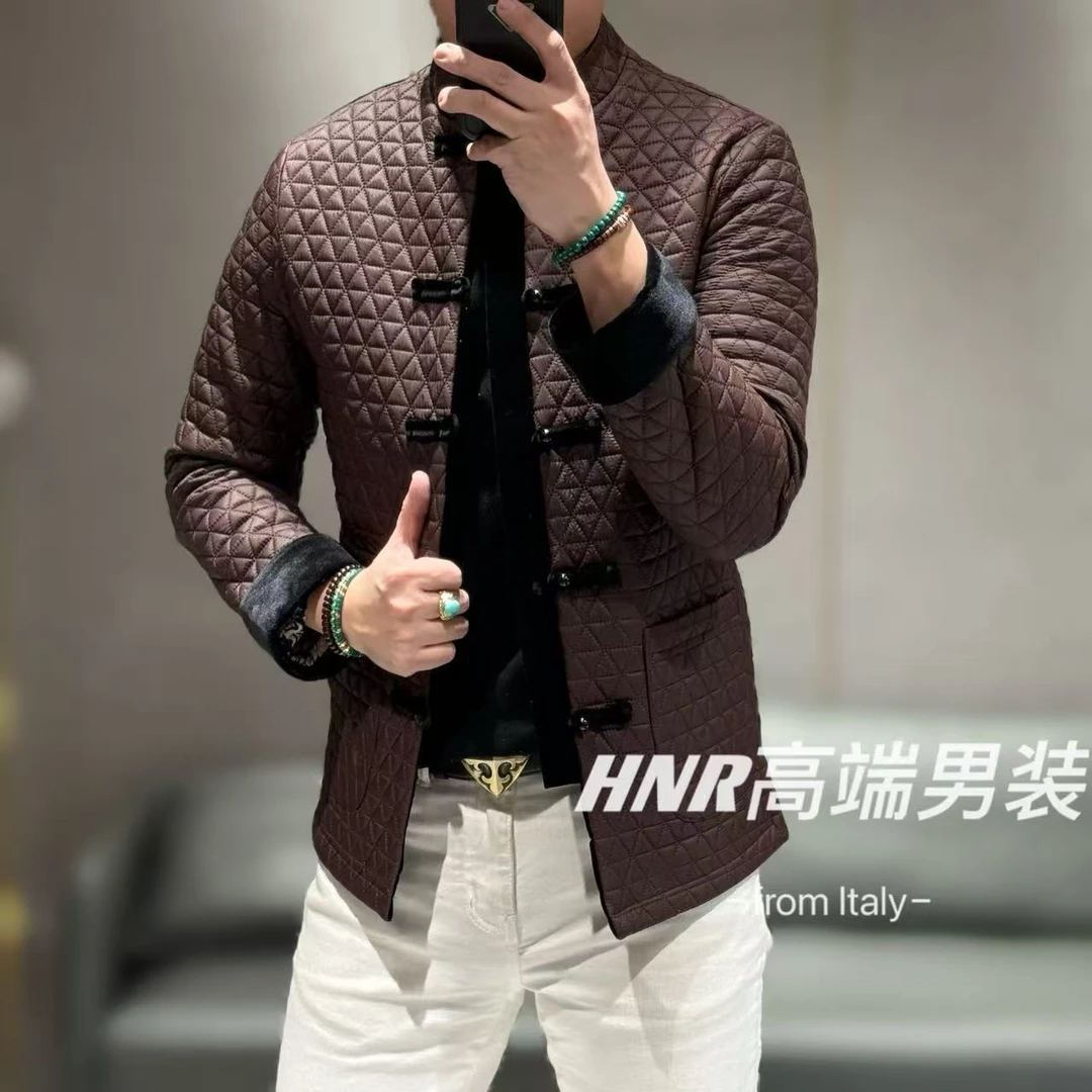 夹棉菱形格锁棉工艺新中式唐装新款男士时尚国风男装外套7170