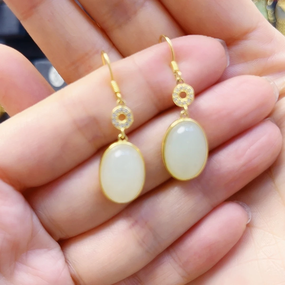 和田玉银S925镀金镶嵌耳饰