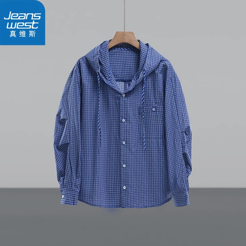 真维斯青年连帽格子防晒衬衫男生夏季别致穿搭潮牌宽松薄款外套秋
