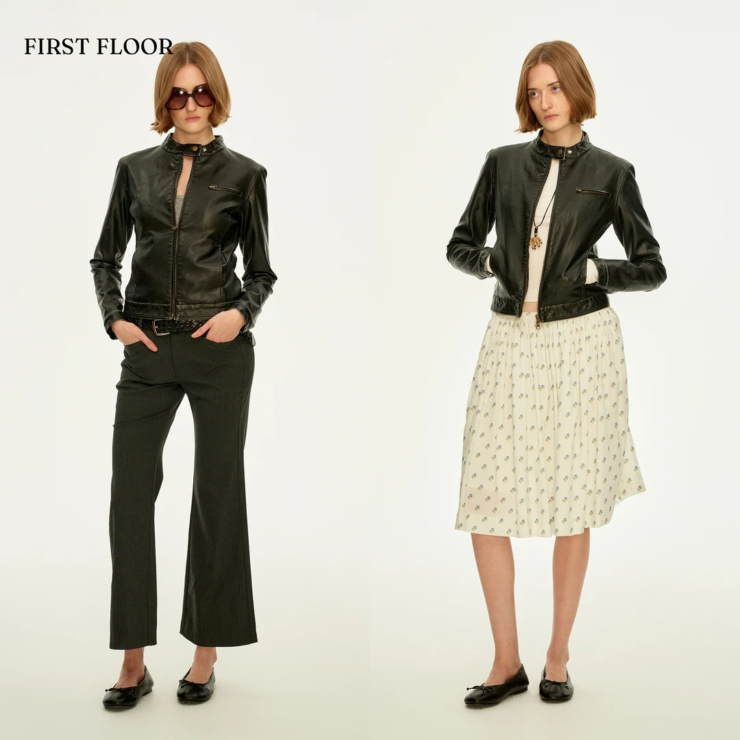 FIRSTFLOOR 摩登率性气质复古修身短款洗水皮机车夹克短外套