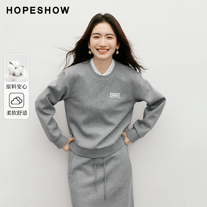 红袖2025秋女装MIU风蕾丝刺绣标落肩长袖圆领套头上衣90225292102