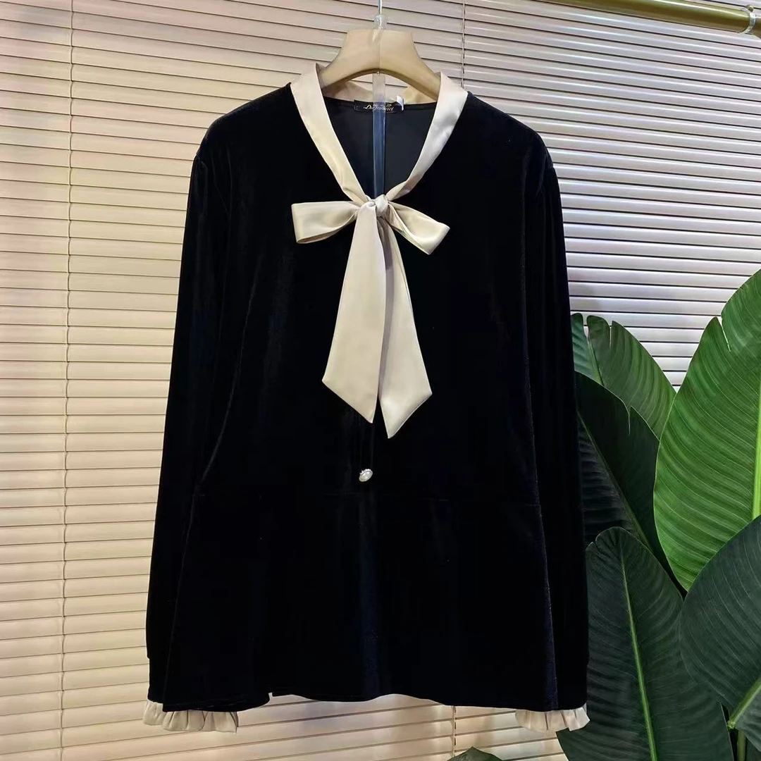 D胖mm欧货时尚新款秋季法式名媛风领结设计女人衫