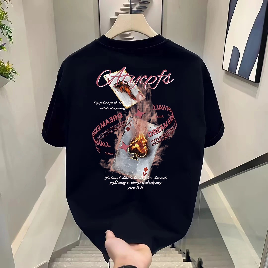 100%纯棉短袖美式扑克上衣夏季圆领男装时尚T恤潮牌宽松半袖个性i