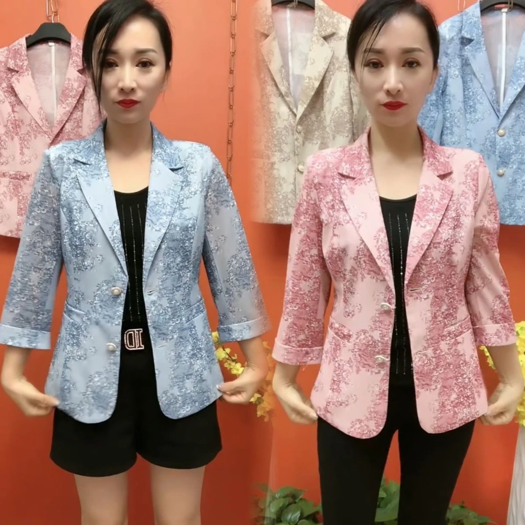 新款夏季休闲西服外套2025印花时尚短款洋气气质上衣国风西装修身