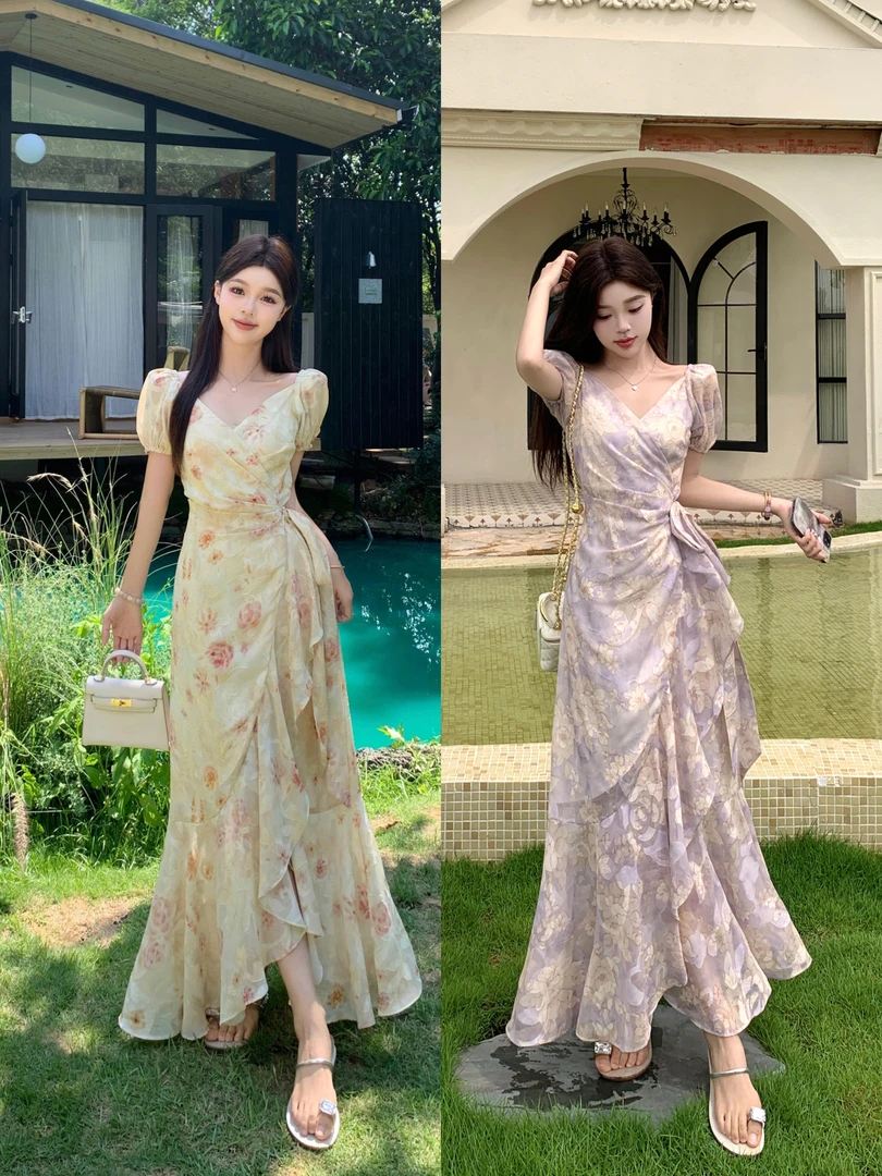 大码夏天一片式绑带收腰法式浪漫印花连衣裙荷叶边气质显瘦长裙