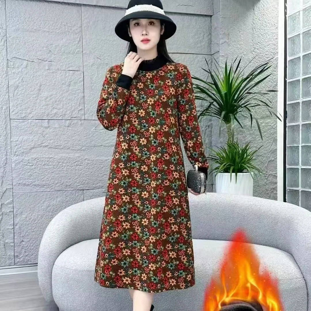 10762-连衣裙高档妈妈新款加绒宽松气质时尚中长款保暖裙子【C仓】