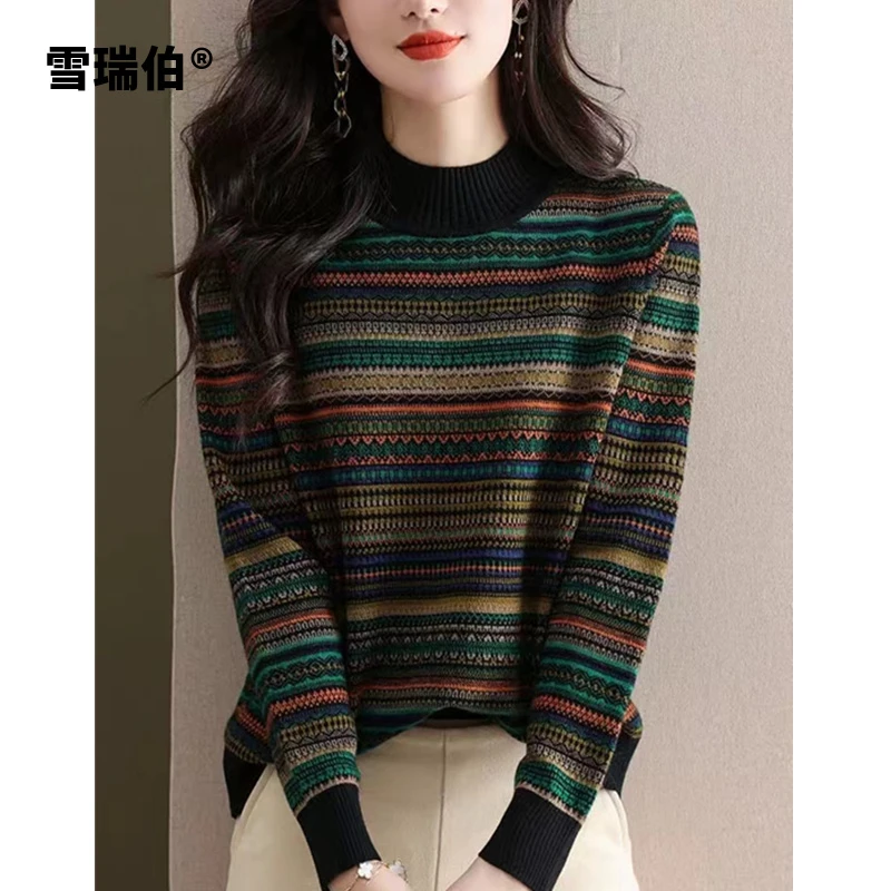 民族风半高领复古提花毛衣女秋冬新款百搭洋气条纹打底针织衫套头