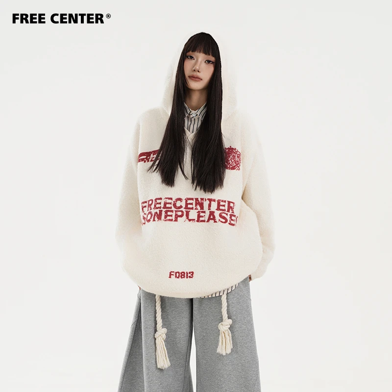 Free Center2024美式复古毛衣男女秋冬休闲街头情侣宽松针织上衣