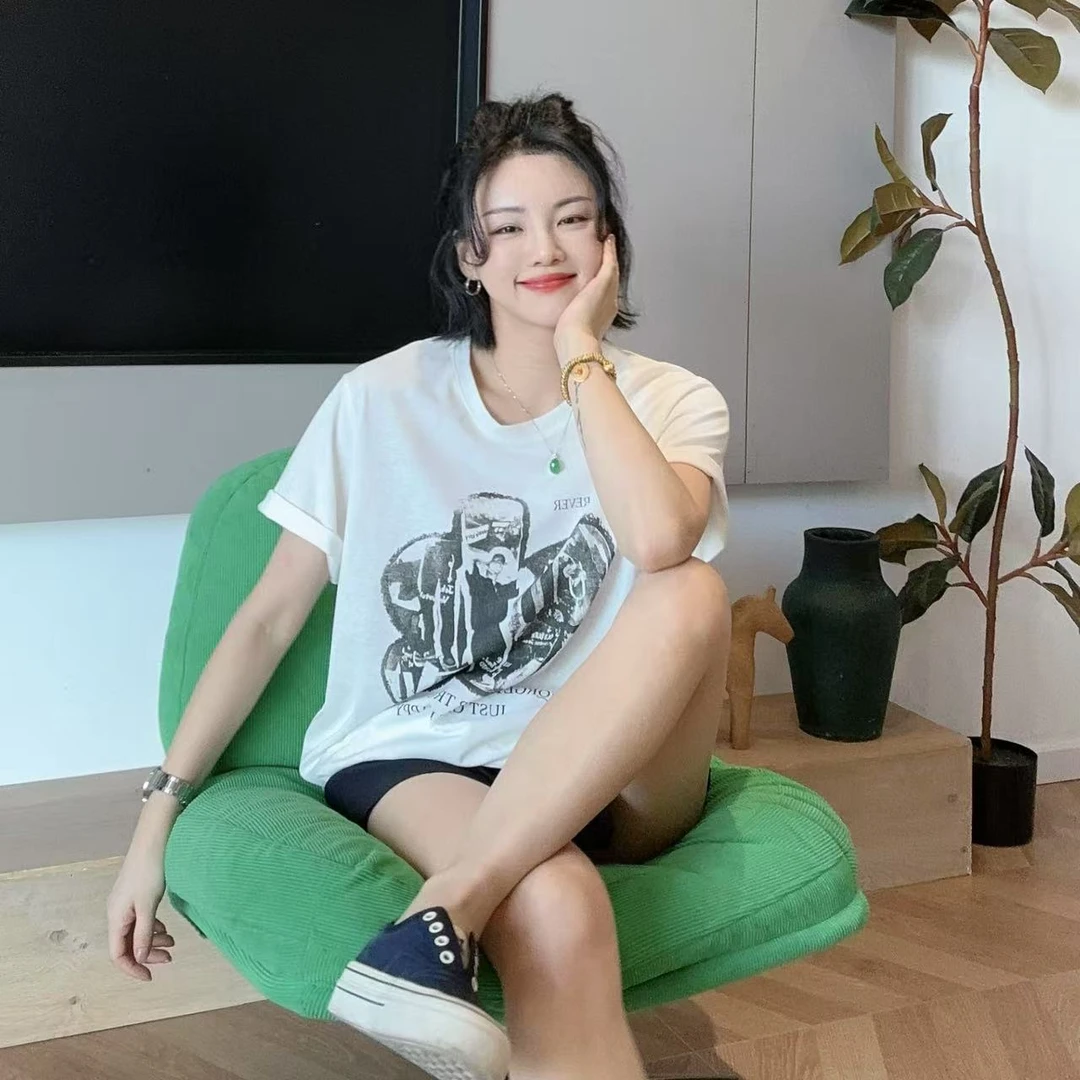 夏季人像小花宽松印花短袖T恤5-7-4