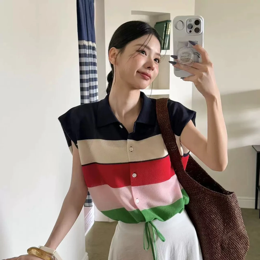 JUNXI（3329#）韩版宽松Polo领撞色条纹单排扣无袖【衣长53 胸围98】