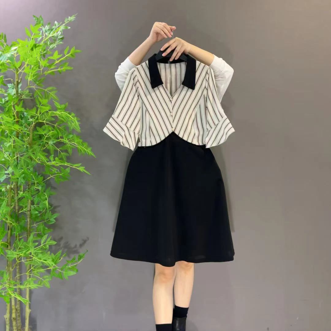 8030夏季新款时尚气质条纹拼接设计连衣裙大码女装洋气显瘦A字裙