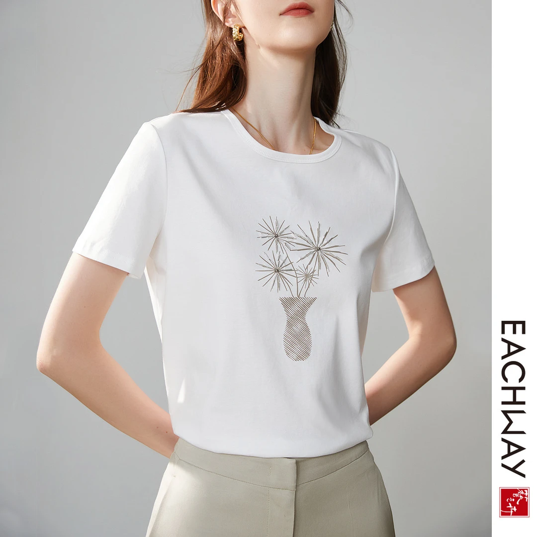 1S12D6609008圆领钉珠正肩t恤女夏季薄款时尚百搭休闲短袖上衣