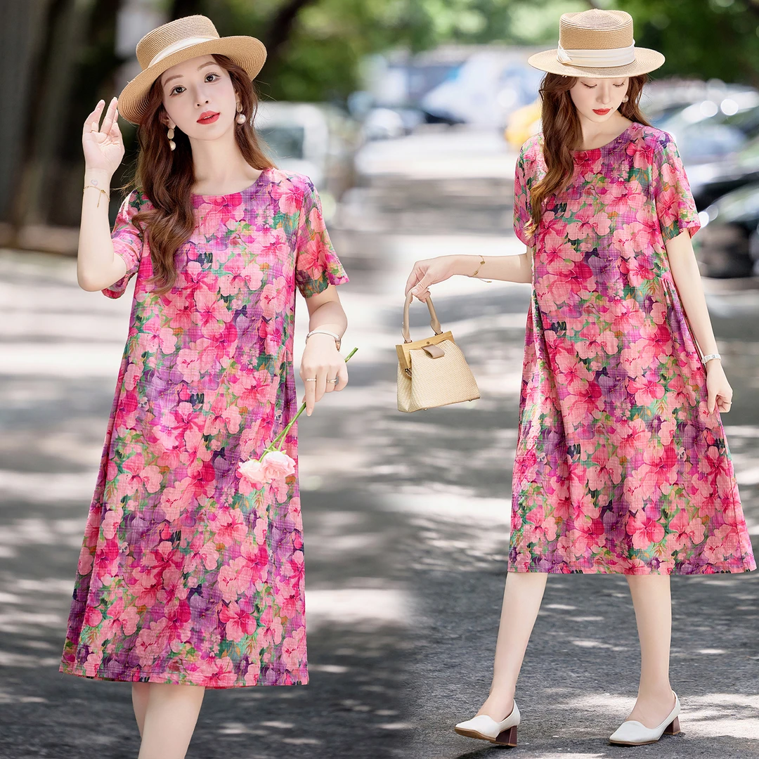 休闲时尚气质碎花连衣裙女2025夏季新款松弛感宽松显瘦中长款裙子