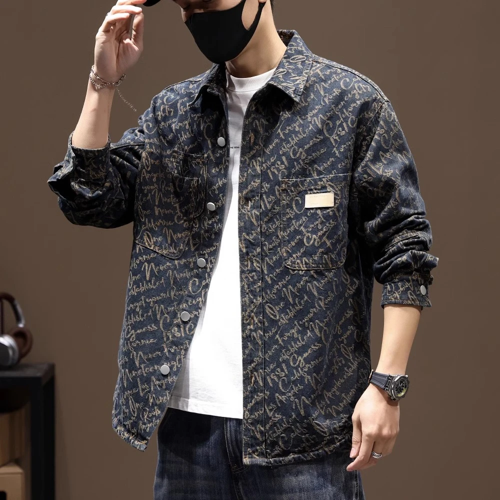 加绒牛仔衬衫男士秋冬高端提花复古翻领休闲长袖衬衣外套