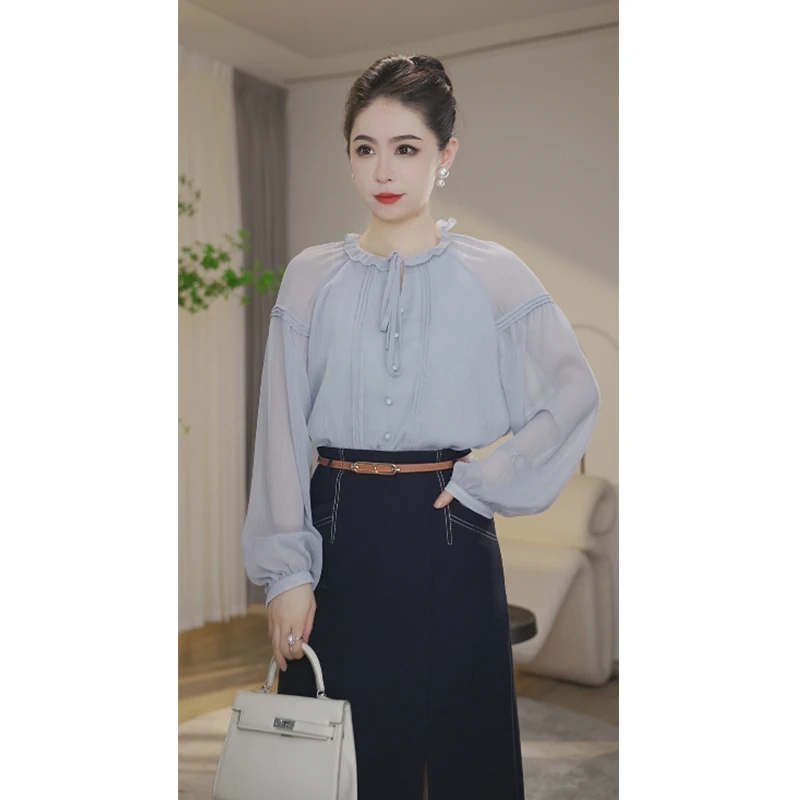 【曼曼甄选】欧若风8493285双色衬衫荷叶边宽松长袖时尚显瘦减龄