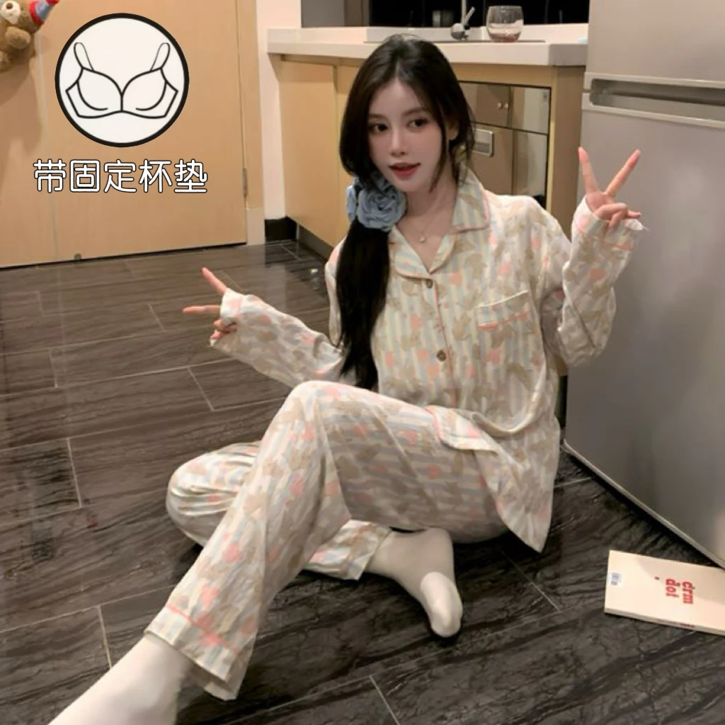 秋季上新长袖带杯垫小猫卡通条纹印花睡衣女款2025爆款家居服1165