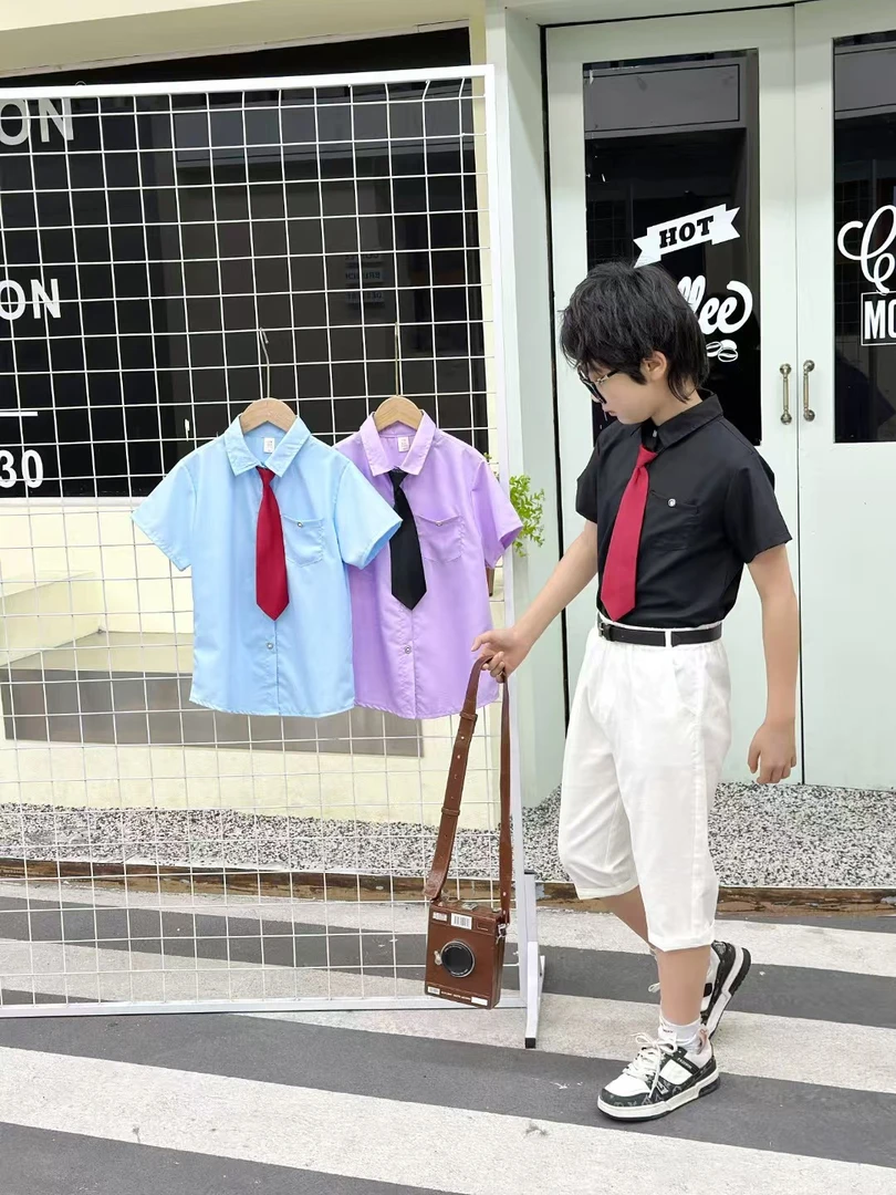 男纯色学院风短袖学院夏季衬衫礼服大童夏装休闲韩版男童
