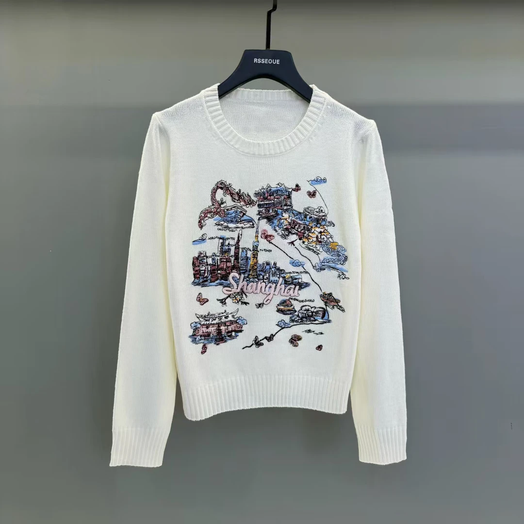重工刺绣小香风白色毛衣女秋季新款高级感休闲气质针织衫X192