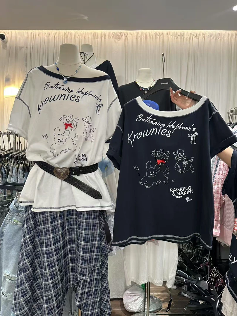 -可爱的线条小狗！斜肩短袖T恤（KA8693#）KAKAME