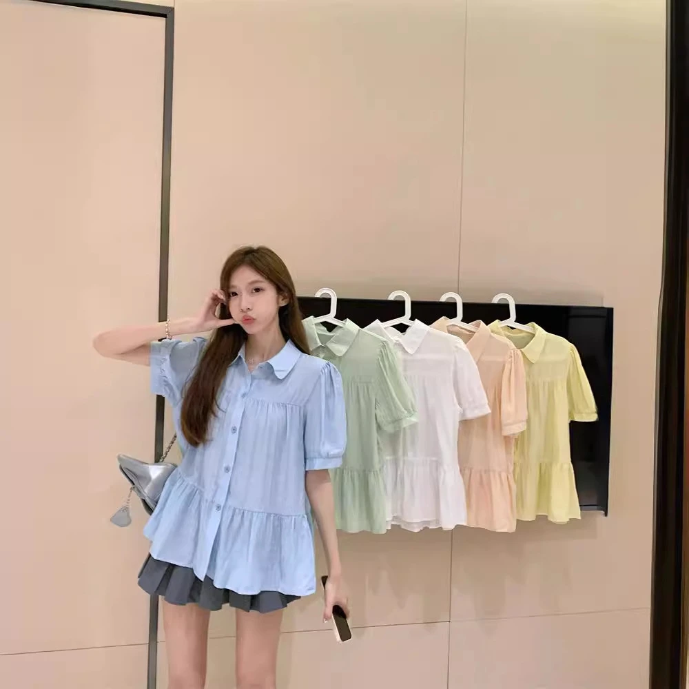 2024年新款polo领短袖娃娃衫女夏宽松泡泡袖遮肚子收腰衬衫上衣