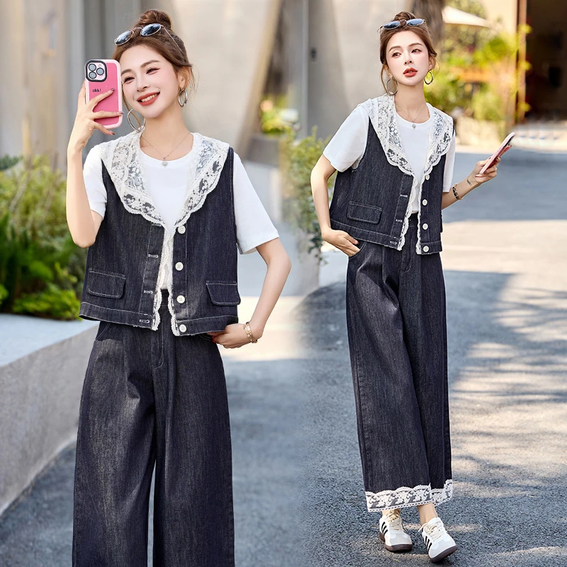 蕾丝拼接牛仔马甲九分阔腿裤三件套裙2025夏装新整套休闲洋气套裤