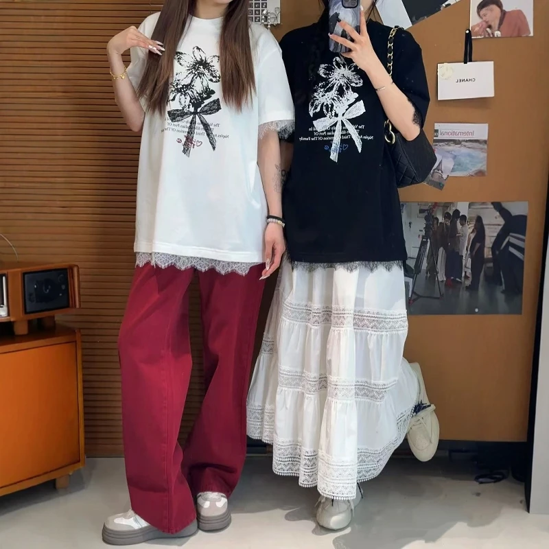 【J/R花朵蝴蝶结T恤】2025夏新品印花蕾丝拼接短袖圆领宽松上衣女