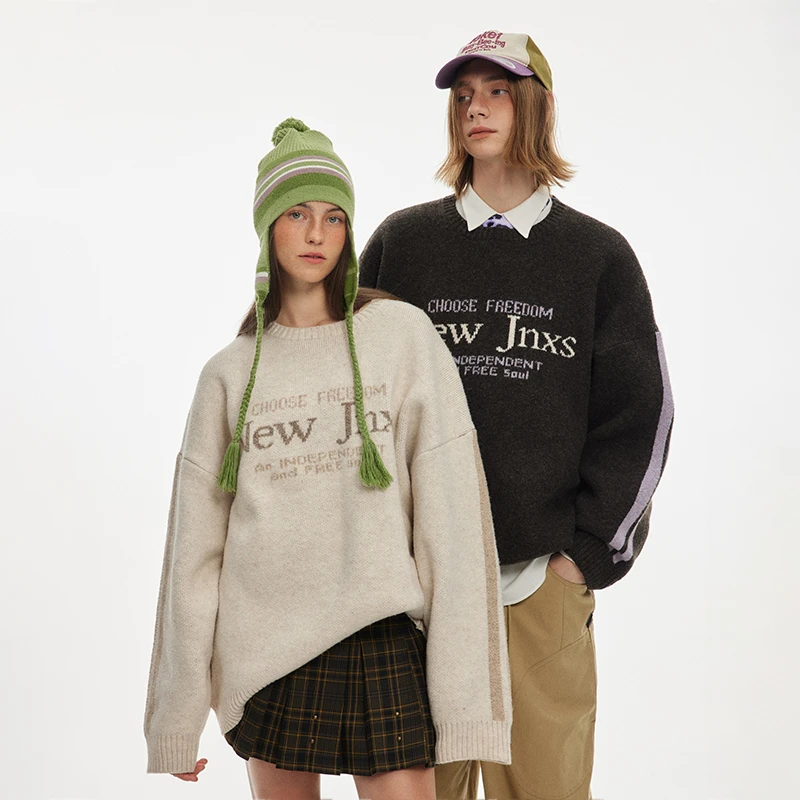 【无语不方】字母LOGO提花毛衣男女秋季圆领宽松针织衫情侣JN43D37