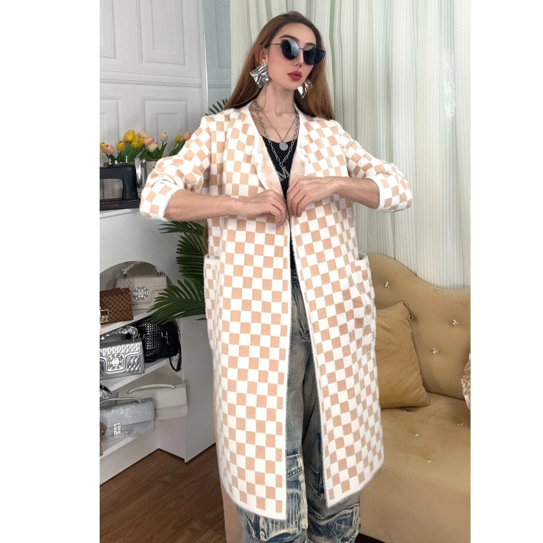 212-中长款长款女毛呢外套加厚宽松格子时尚外套休闲搭配穿搭百搭