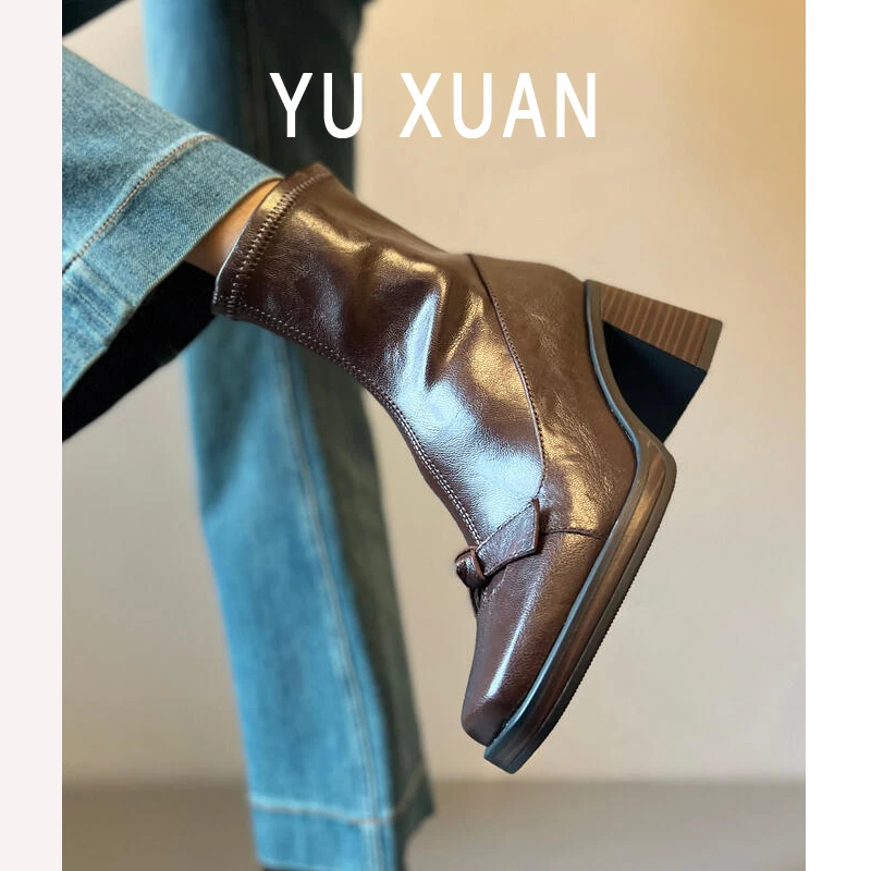 羊皮版~复古蝴蝶结高跟马丁靴女方头厚底气质粗跟短靴弹力瘦瘦靴