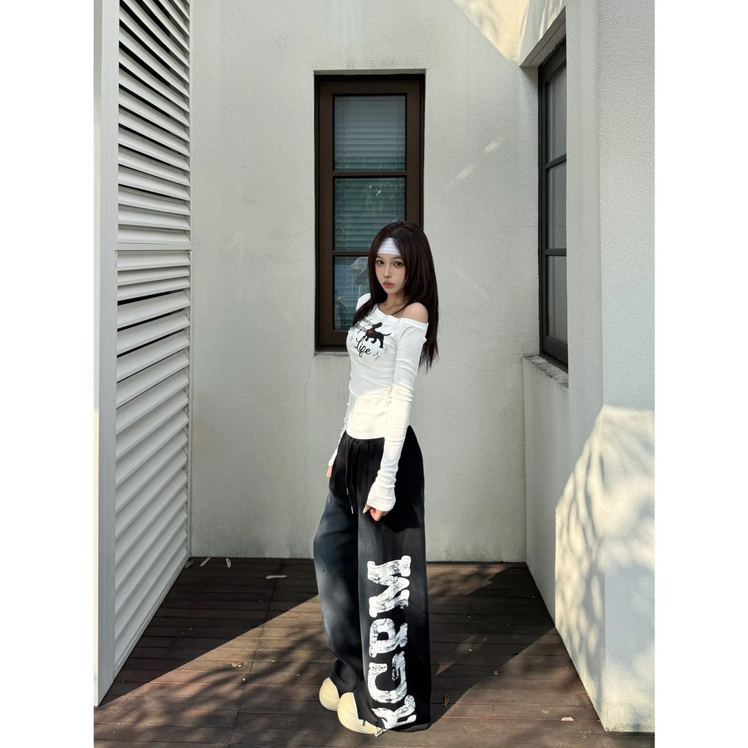 x不是好人 美式复古辣妹风斜肩长袖女秋季修身收腰设计感露肩上衣