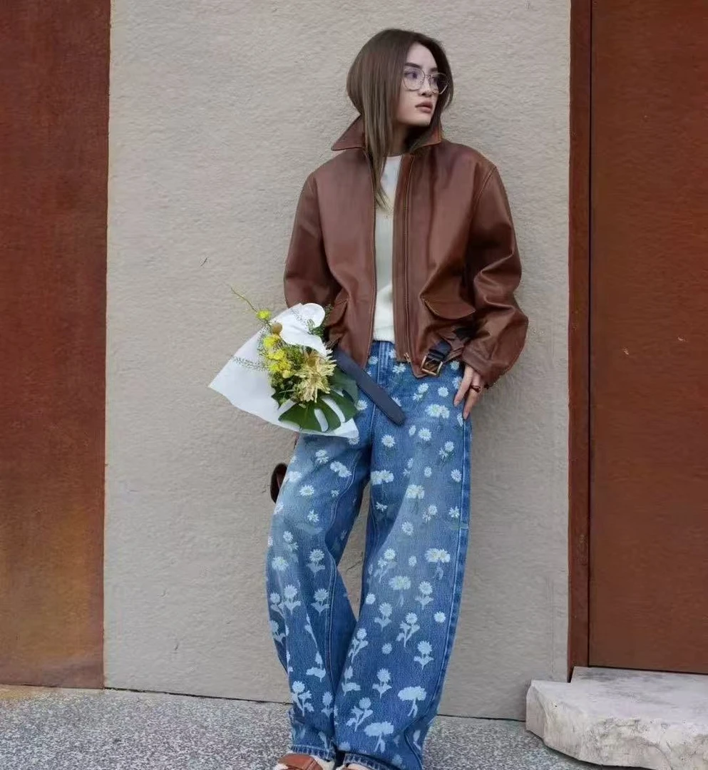 【9078】#高腰印花直筒宽松牛仔裤