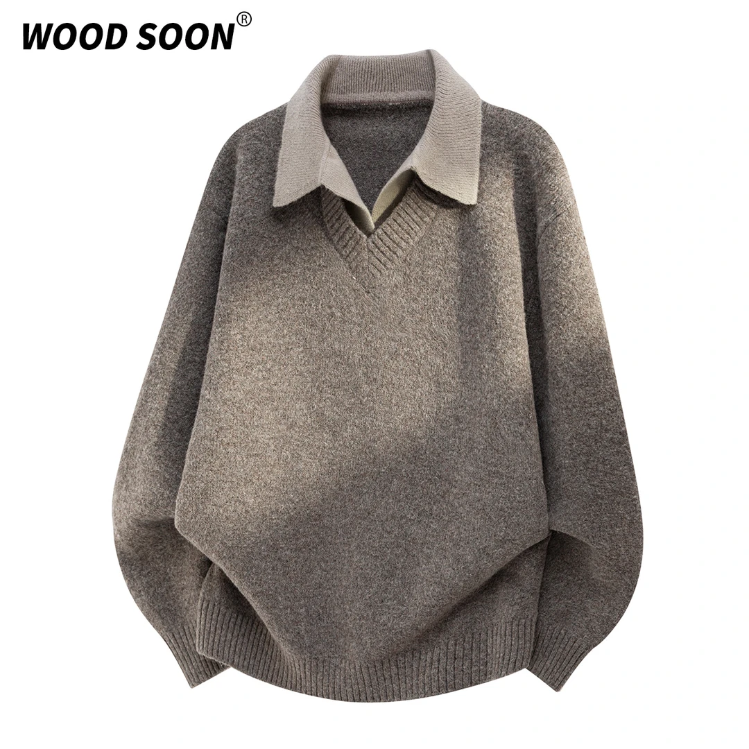 WOODSOON假两件翻领毛衣针织衫秋冬新款潮流百搭宽松休闲男士上衣