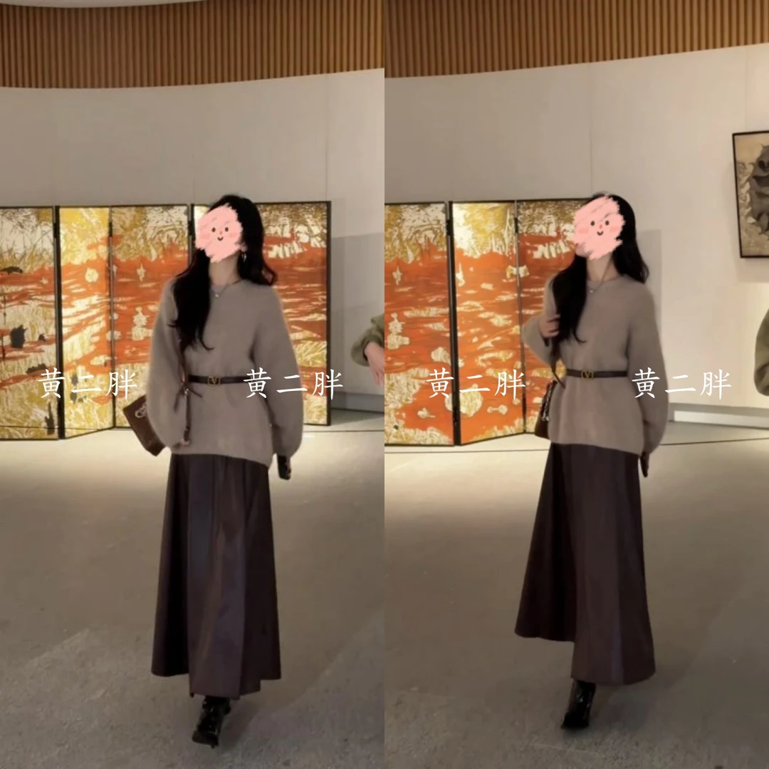 韩系温柔风圆领长袖毛衣女秋冬季新款法式慵懒风针织上衣+半身裙